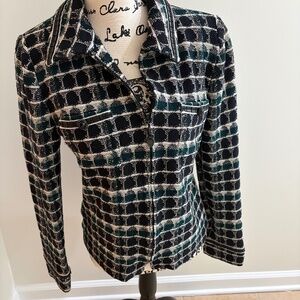 St. John jacket size 8. Blue/green knit with leather trim